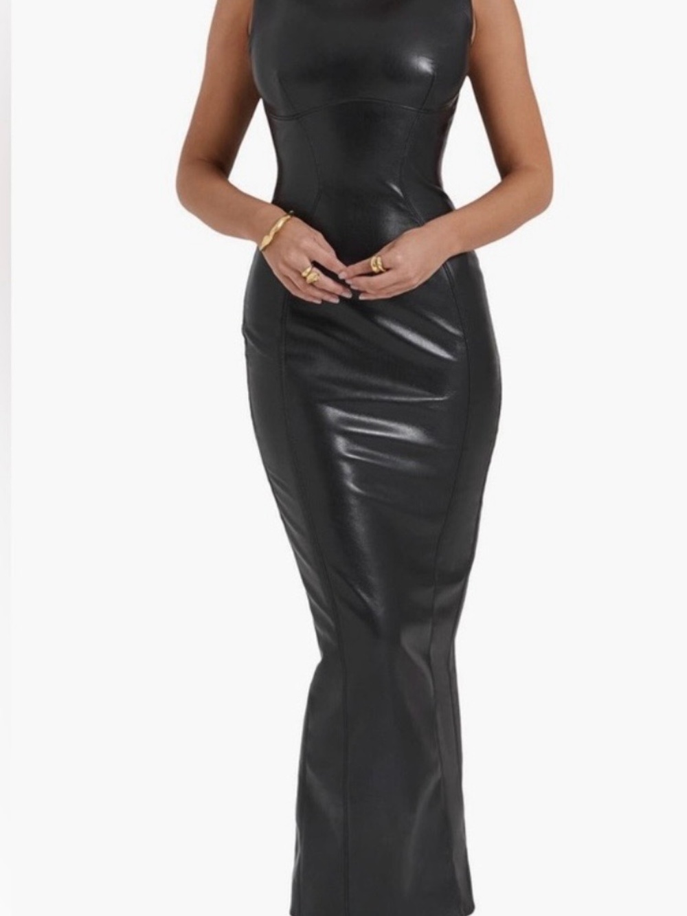 House of CB Black Faux-Leather Curve-Hugging Maxi Dress